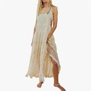 Women's S Embroidered Tiered Maxi Dress Casual Suspender Strap Bib Overall